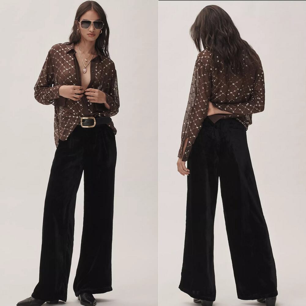 New Anthropologie Wide-Leg Black Velvet Pants - XS